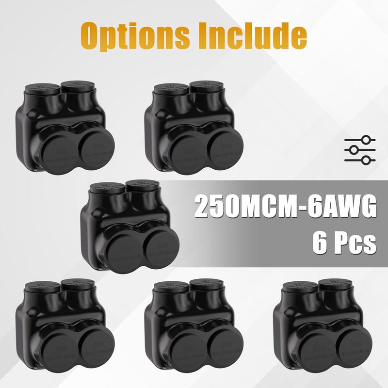 STARELO 6PCS 2 Port Insulated Connector, Single-Sided Splice, Multi Tap Cable Connector for Copper and Aluminum Wires, Slotted Hex, Black Vinyl Coated, Pre-Filled Oxide Inhibitor (250MCM-6AWG) - Image 3